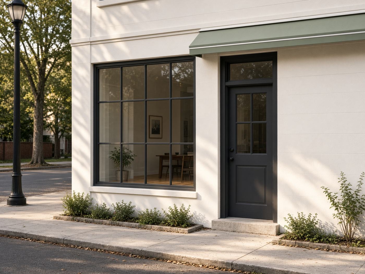 Small storefront with a warm white facade, charcoal window frames, and a sage awning.