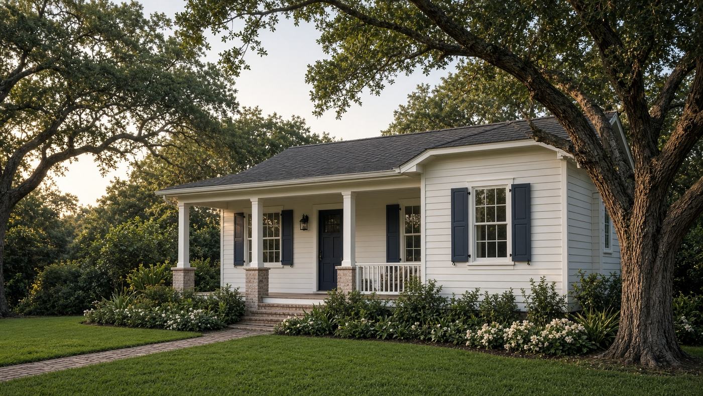 Coastal Florida cottage with warm white siding and charcoal shutters in late-afternoon light.