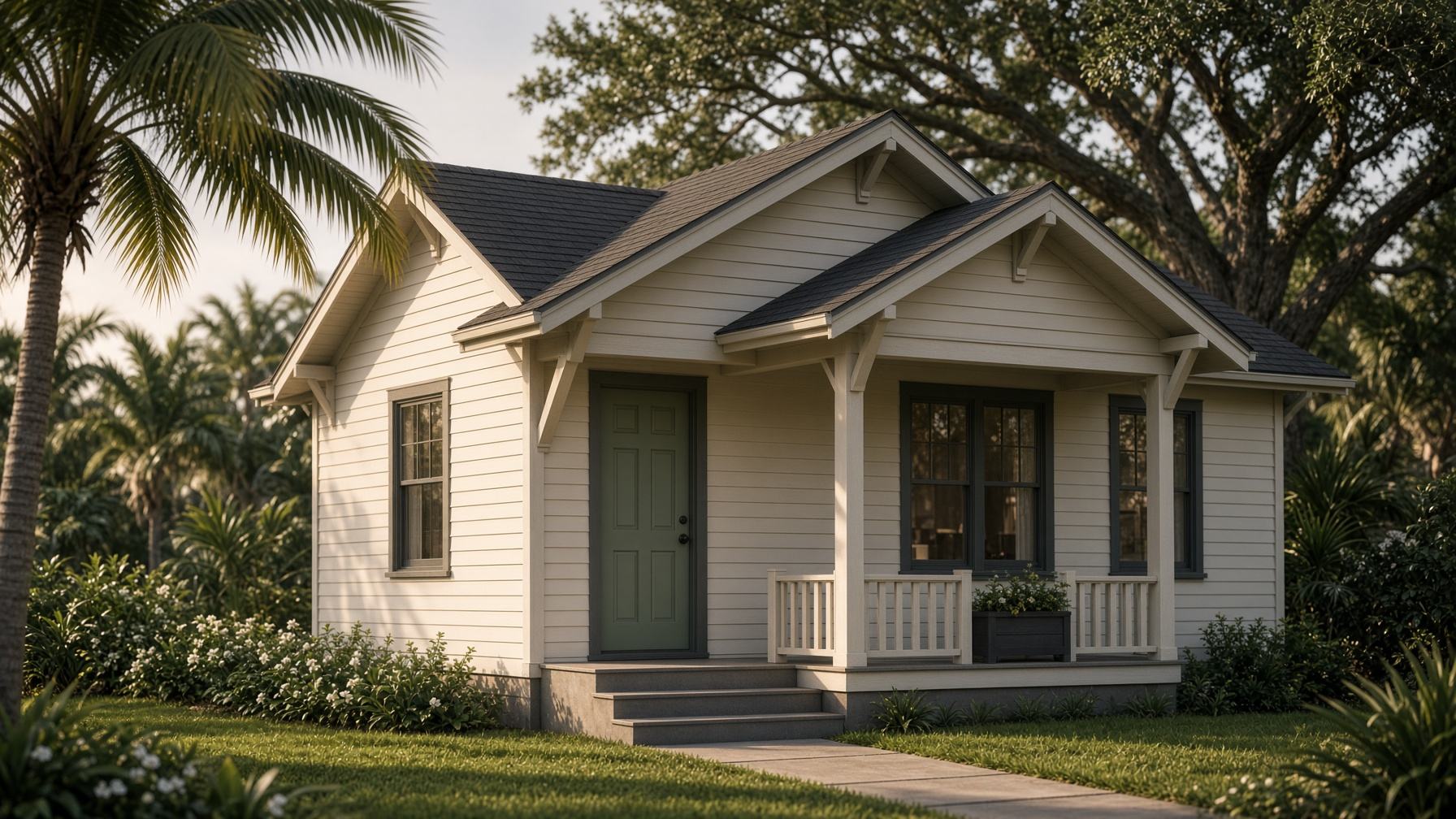 Freshly painted craftsman bungalow with warm white siding, charcoal window trim, and a sage front door in late-afternoon light.