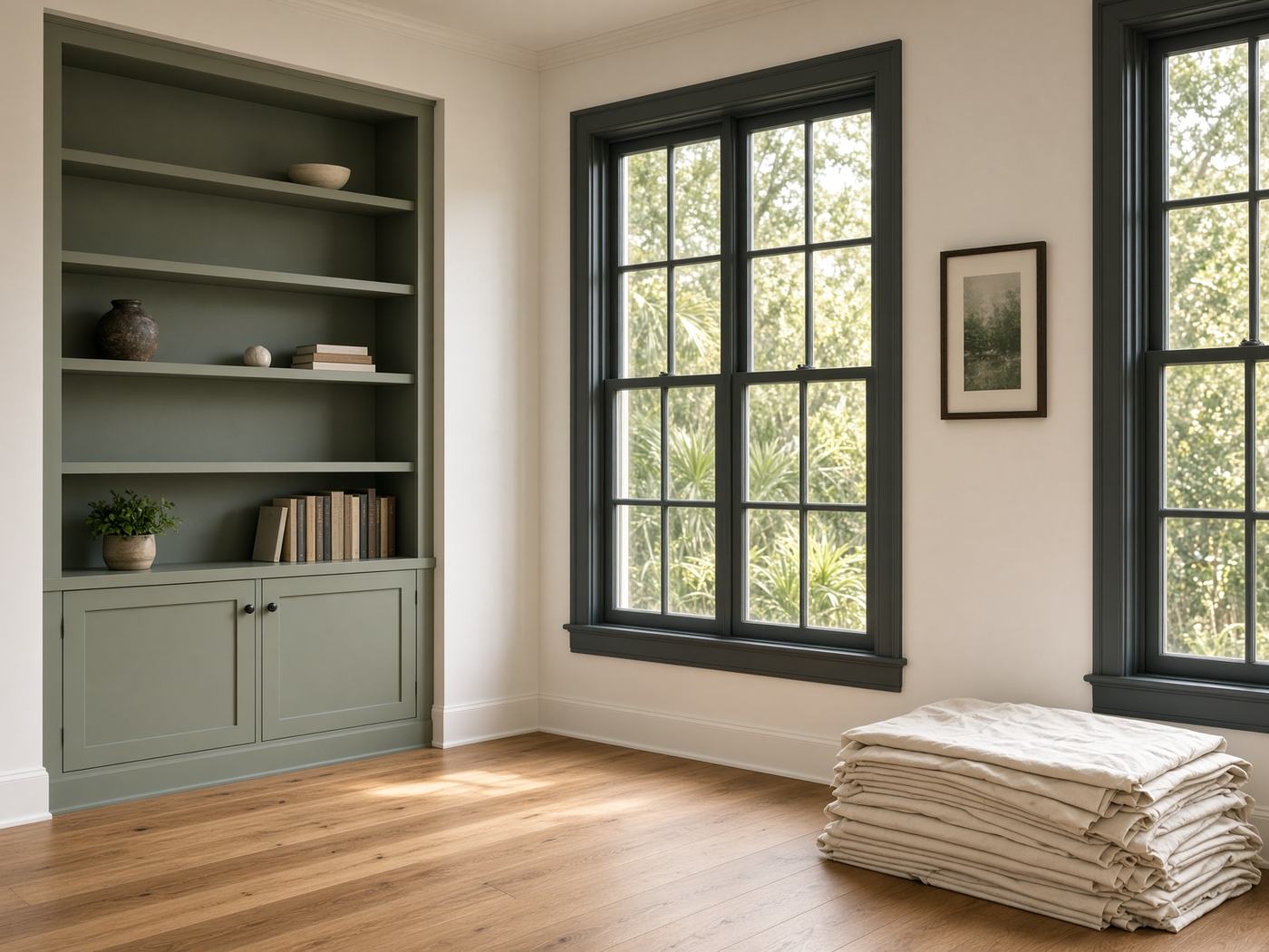 Living room with warm white walls, a sage built-in bookcase, and charcoal window trim.