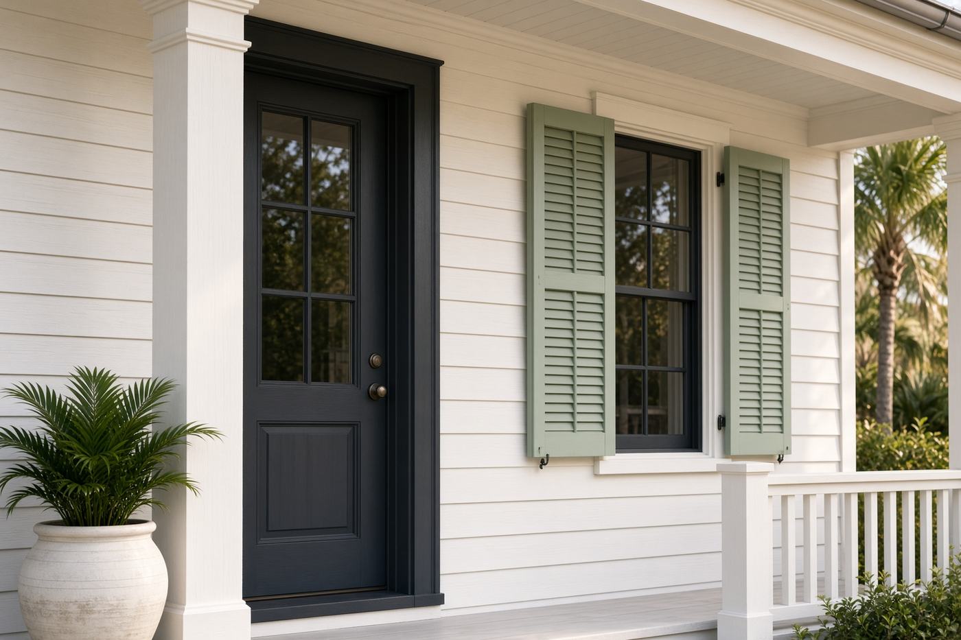 Porch and siding finished in warm white, with charcoal door trim and sage shutters.